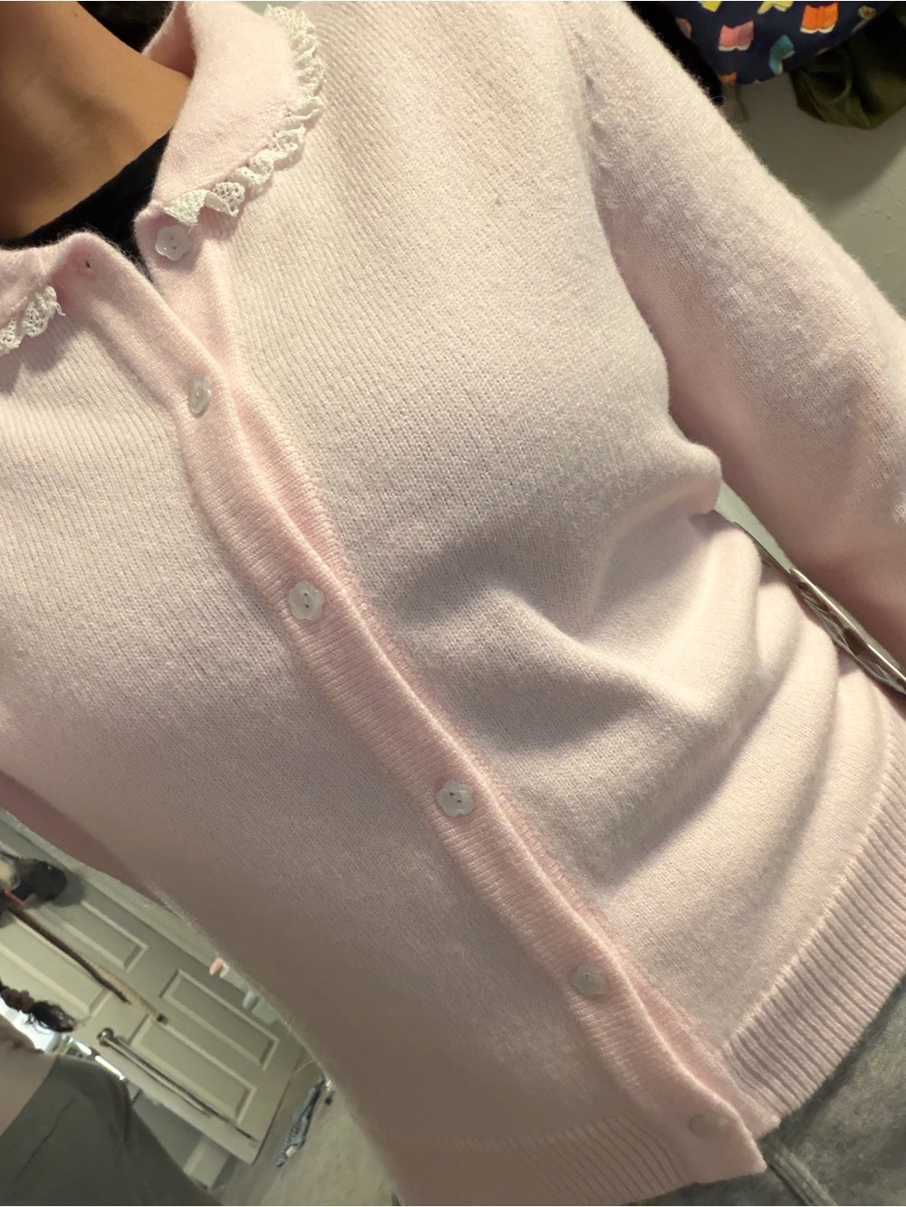 Soft Pink Button-Up Lace Collar Women's Sweater